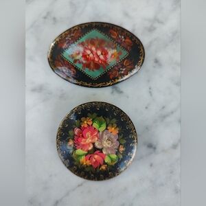 Vintage Hand Painted Floral Lacauer Brooch - Set of Two